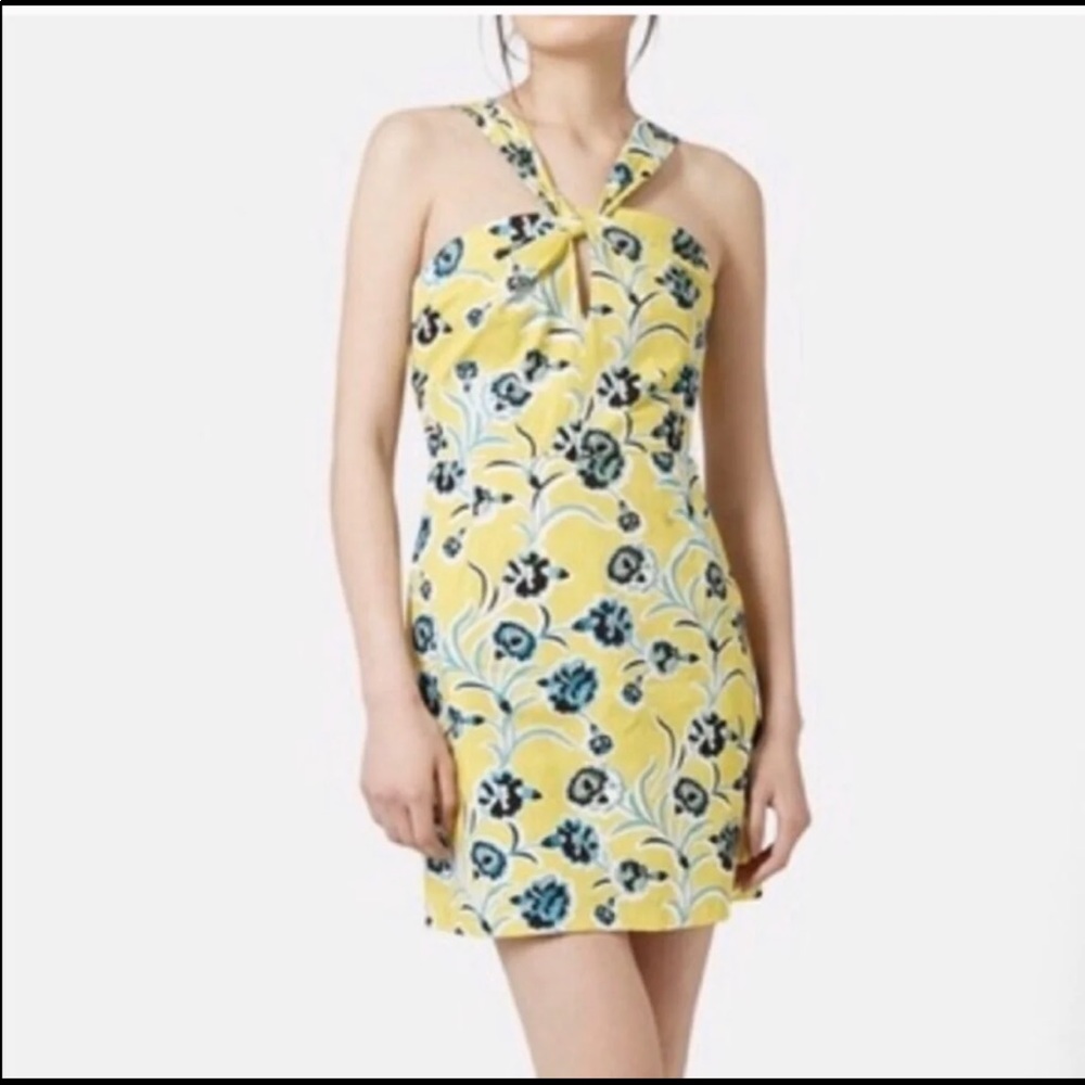 TOPSHOP Yellow Spring Summer Floral Print Cotton Halter Mini Dress size 4